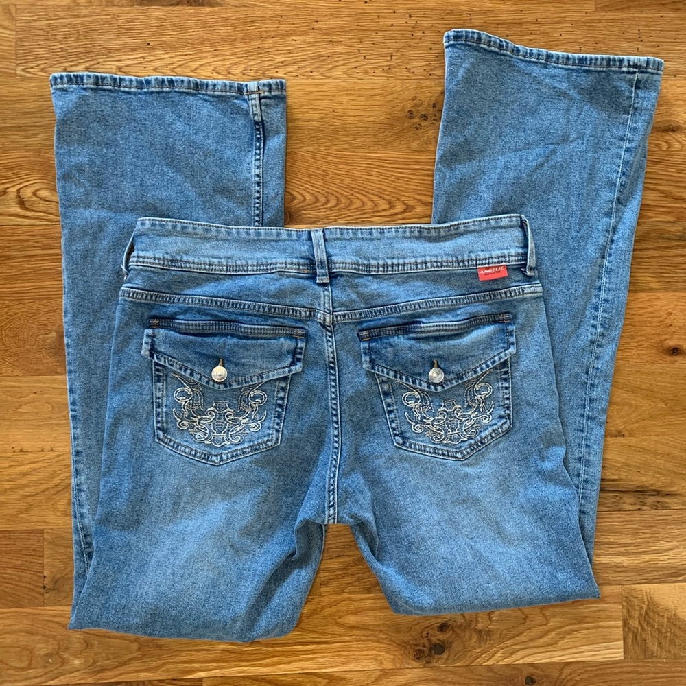 Y2K Angelic denim collab with H&M flared low rise wide leg jeans